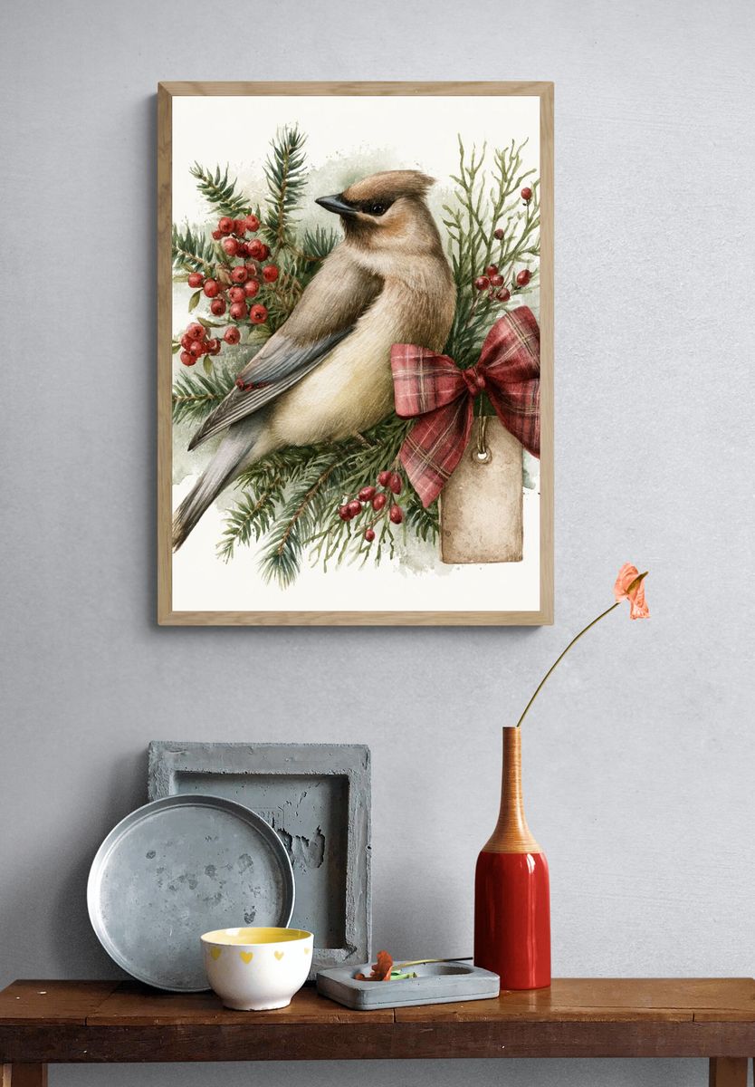Cedar Waxwing Watercolor Poster. — room view 3