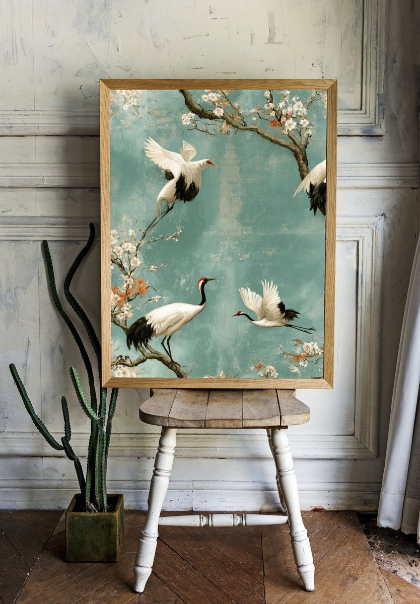 Crane Blossom Garden Print. room preview