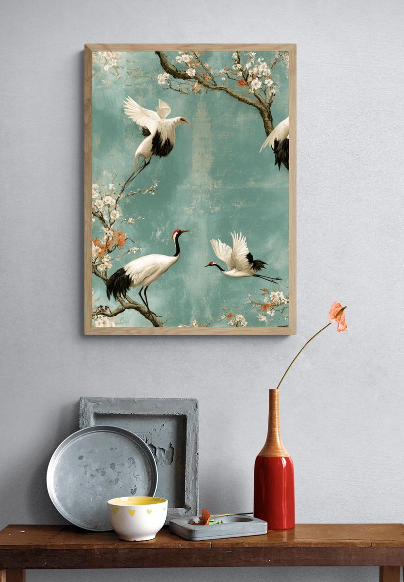Crane Blossom Garden Print. — room view 3