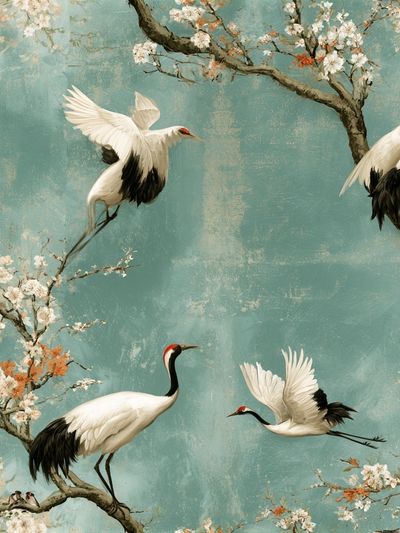 Crane Blossom Garden Print. poster