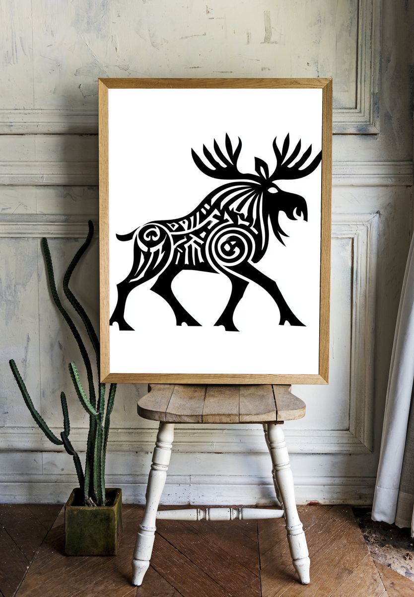 Tribal Moose Silhouette Print. room preview