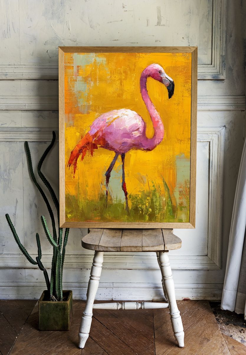 Pink Flamingo Contemporary Print. room preview