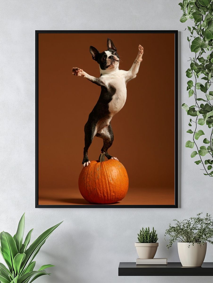 Boston Terrier Pumpkin Balance Poster. — room view 4