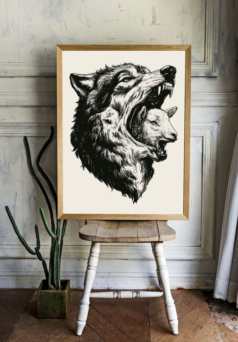 Wolf and Sheep Ink Poster. room preview