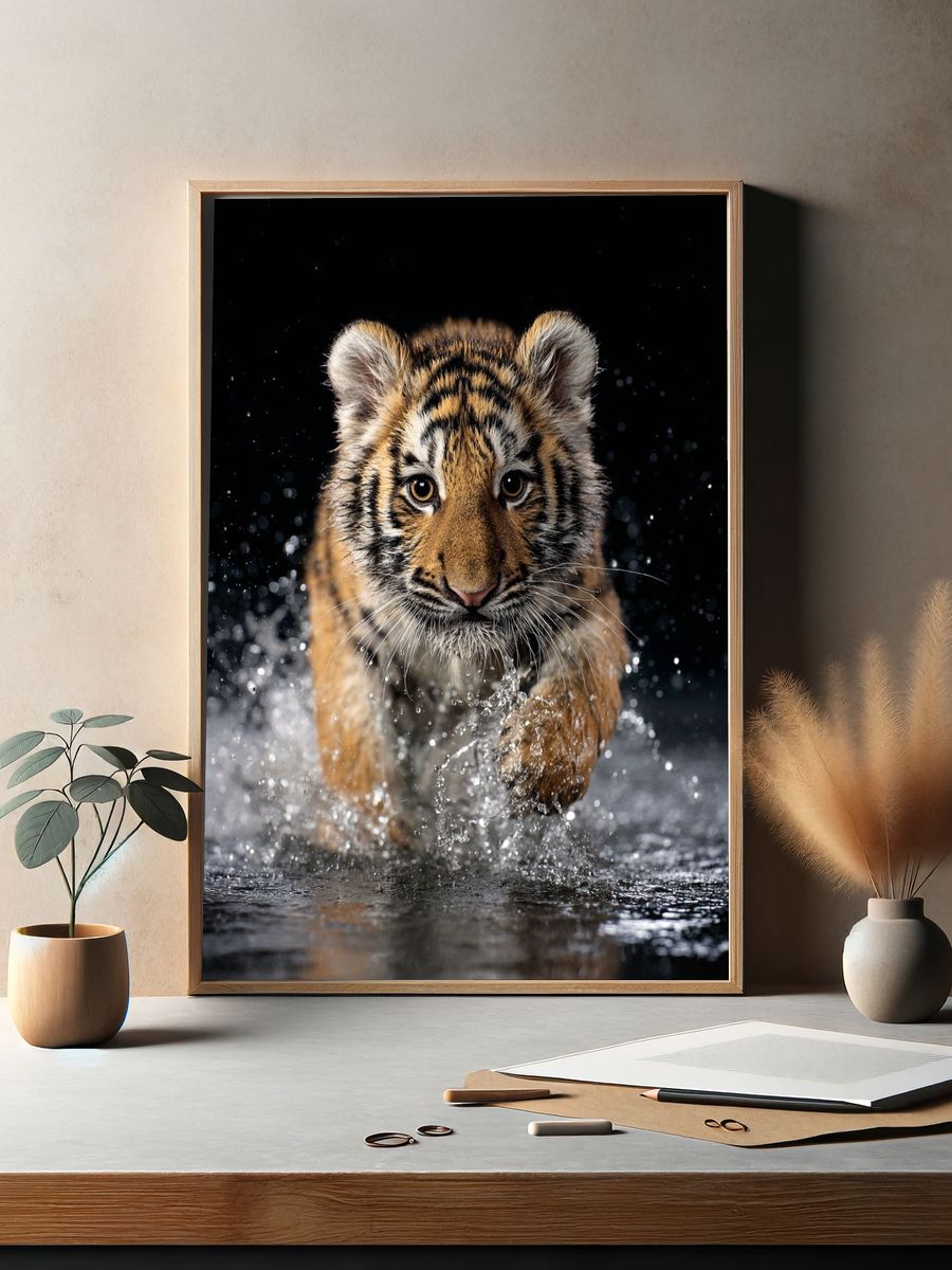 Tiger Cub Splash Photography Poster. — room view 2