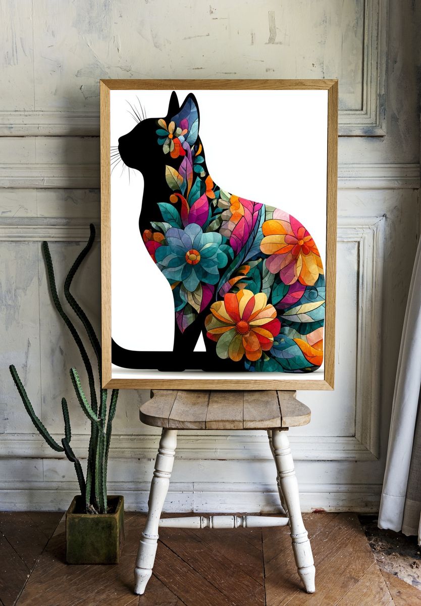 Floral Cat Silhouette Illustration Poster. room preview