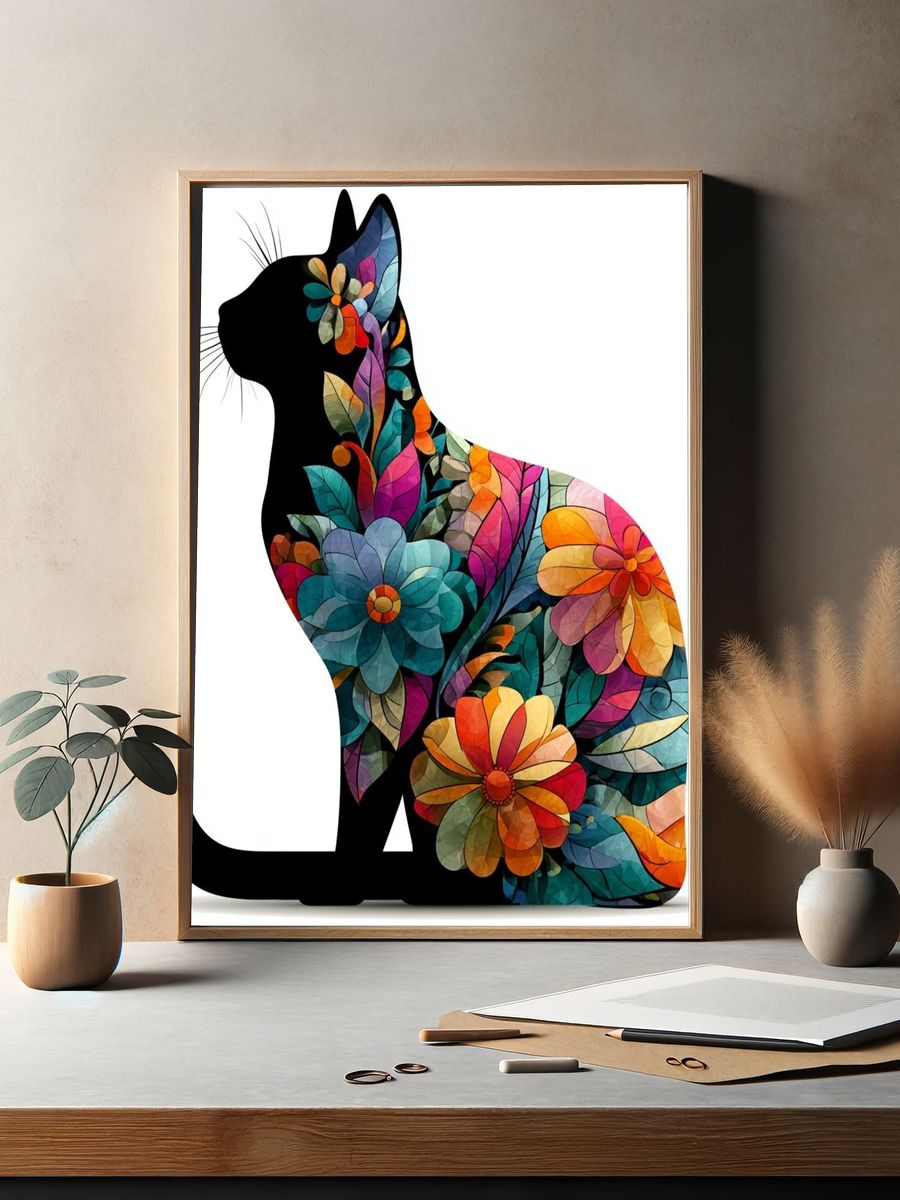 Floral Cat Silhouette Illustration Poster. — room view 2