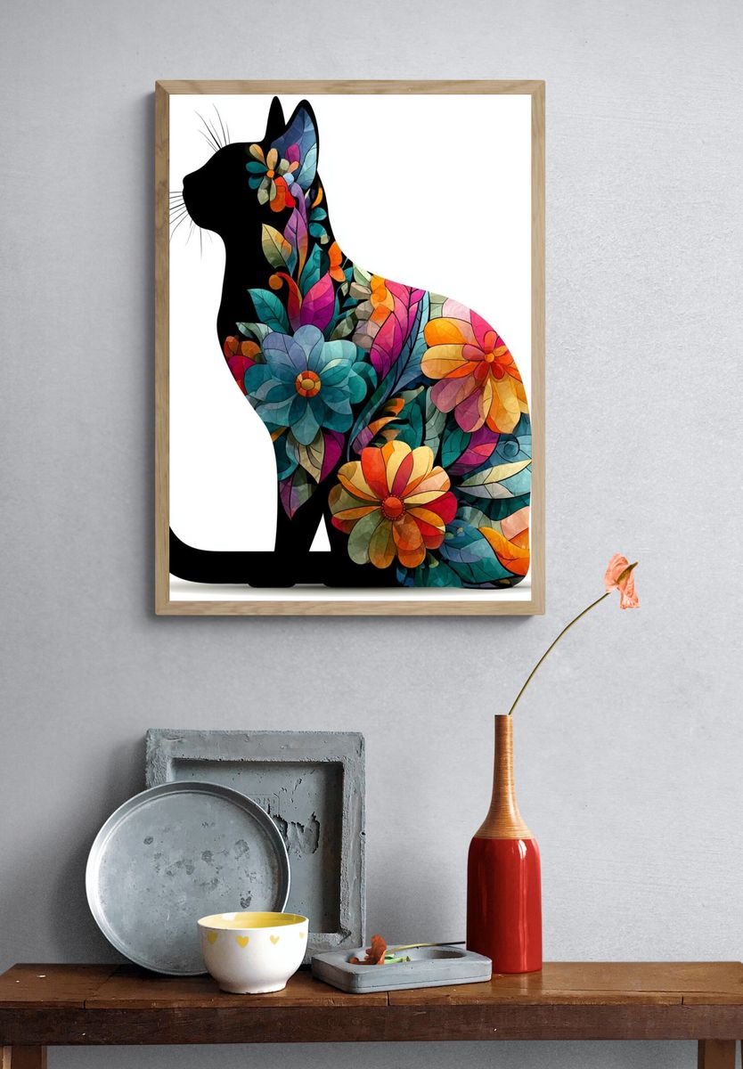 Floral Cat Silhouette Illustration Poster. — room view 3