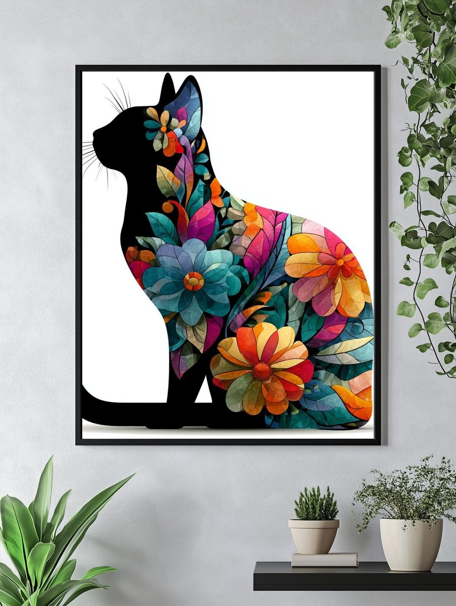 Floral Cat Silhouette Illustration Poster. — room view 4