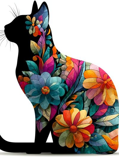 Floral Cat Silhouette Illustration Poster.