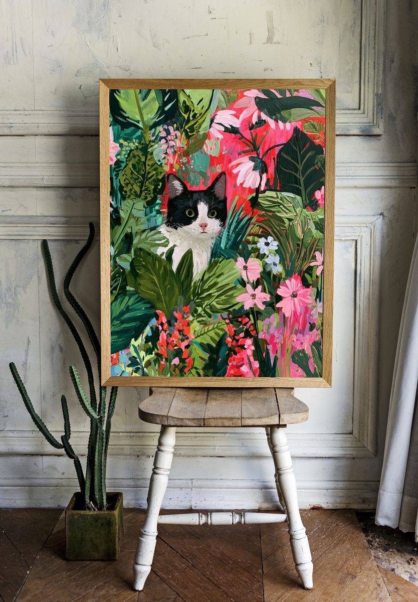 Cat in Tropical Garden Illustration Poster. room preview
