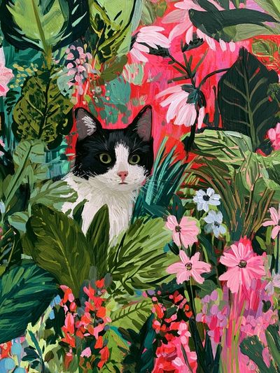 Cat in Tropical Garden Illustration Poster. poster