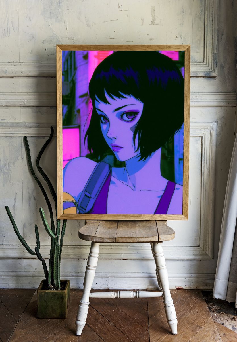 Neon Anime Girl Portrait Poster. room preview