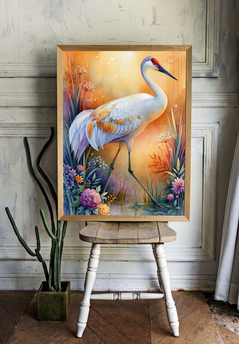 Crane in Bloom Illustration Poster. — room view 1