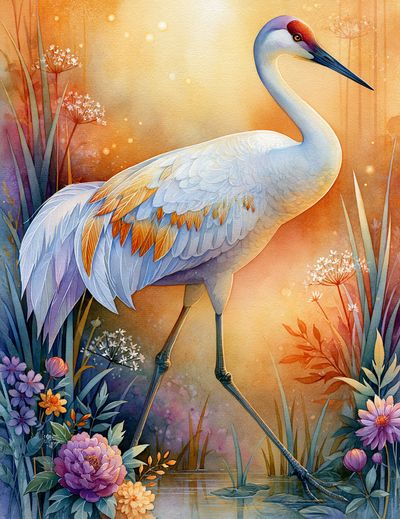 Crane in Bloom Illustration Poster.