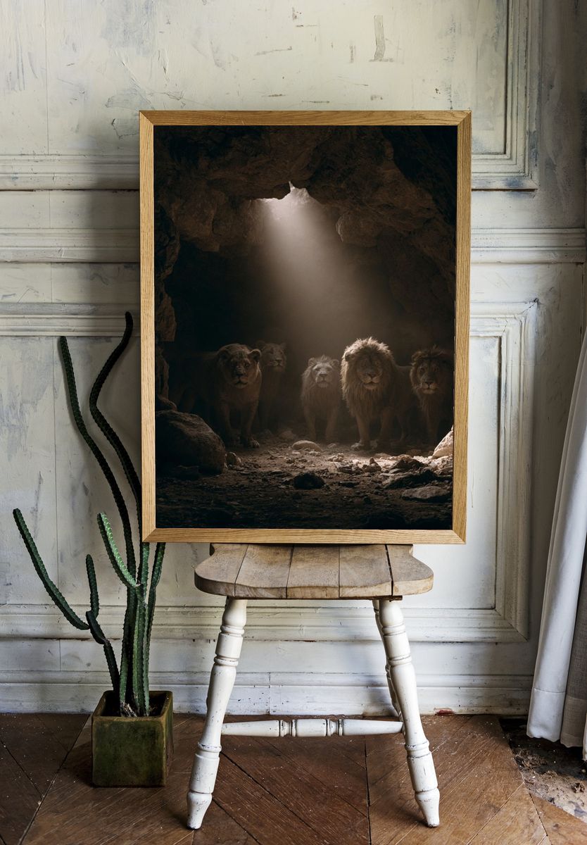 Lions in Cave Light Poster. room preview