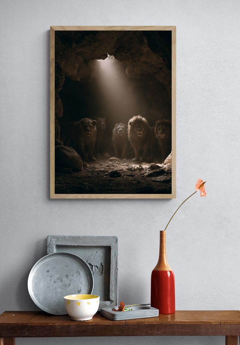 Lions in Cave Light Poster. — room view 3