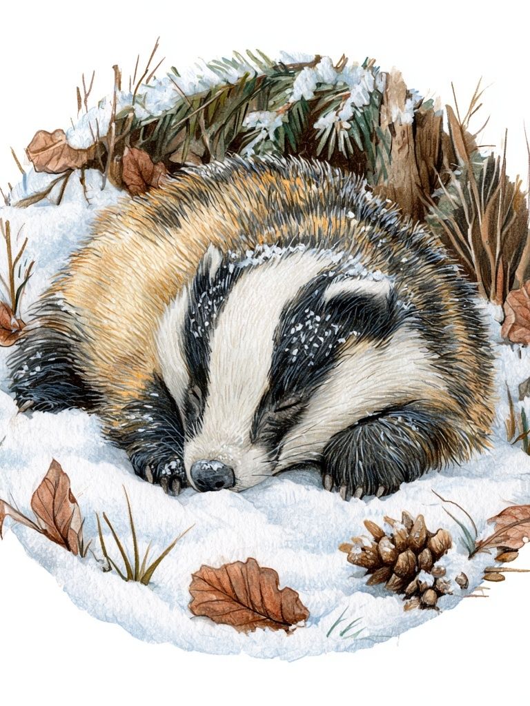 Sleeping Badger Winter Watercolor Poster. poster detail