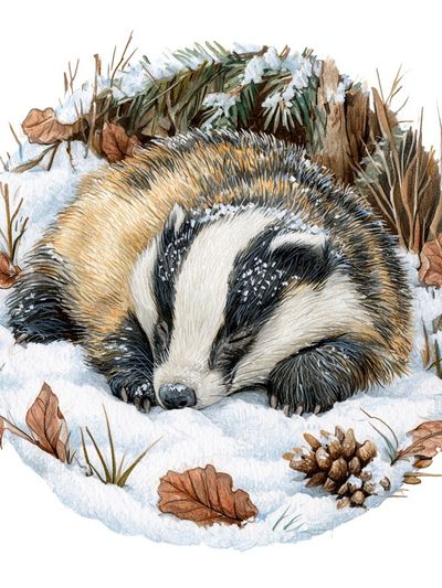 Sleeping Badger Winter Watercolor Poster.