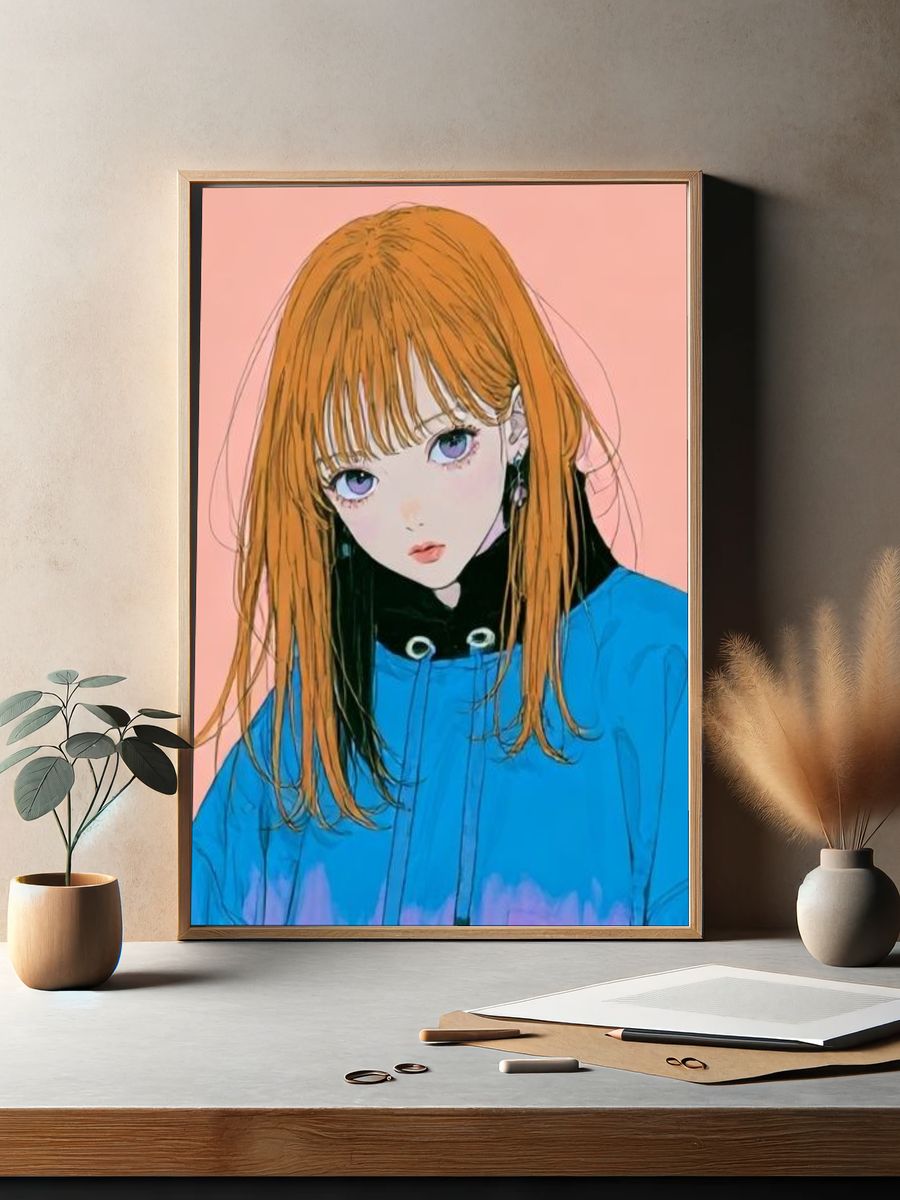 Orange-Haired Anime Portrait Poster. — room view 2