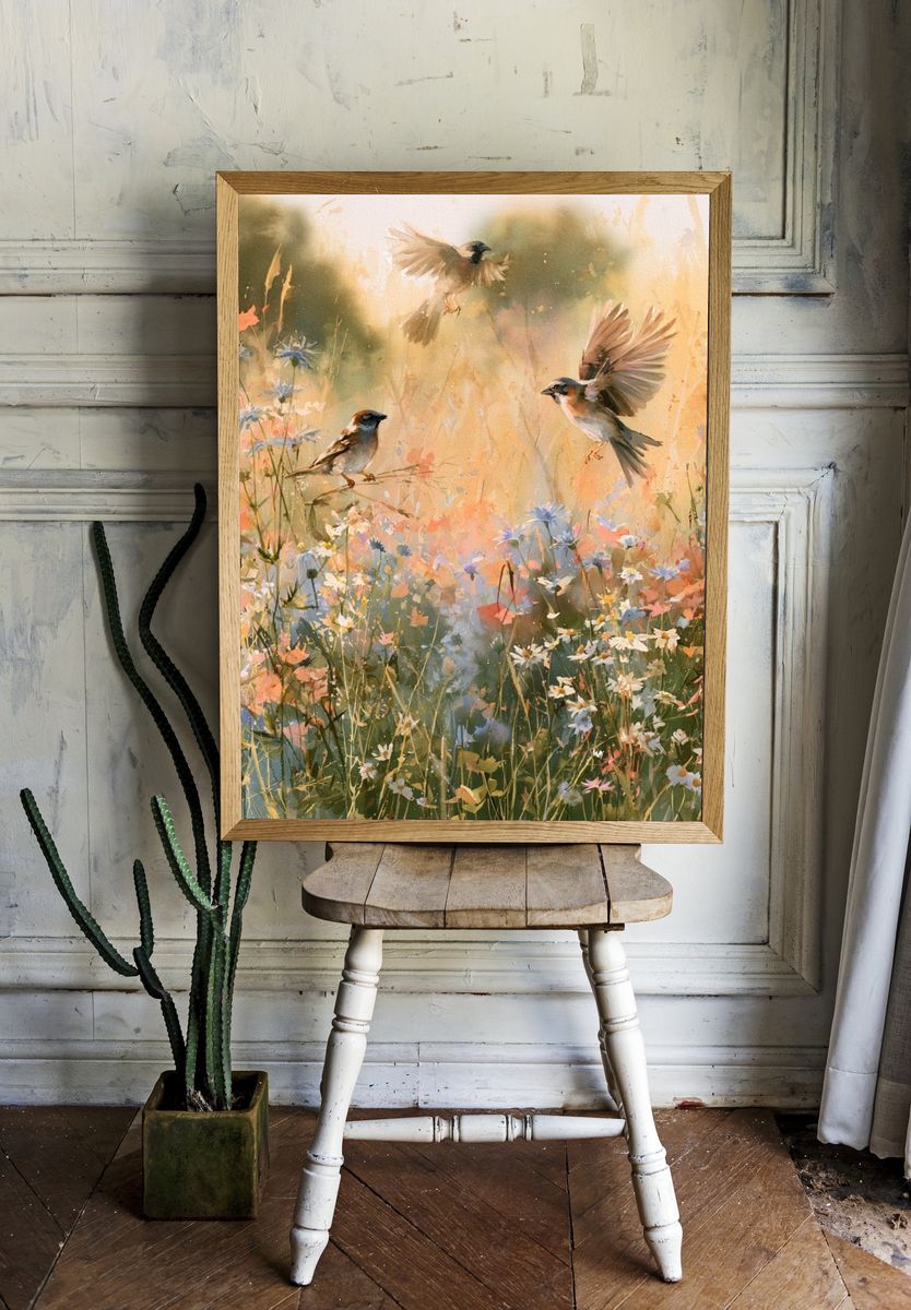Sparrows in Wildflower Meadow Print. room preview