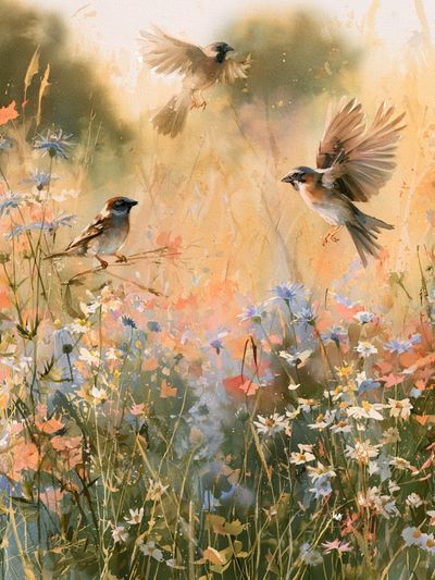 Sparrows in Wildflower Meadow Print. poster