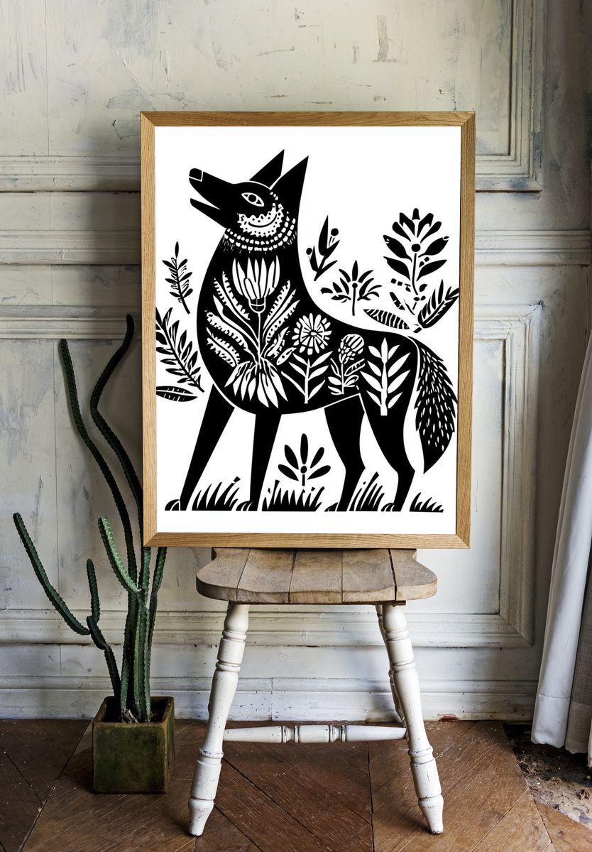 Botanical Wolf Line-Art Poster. room preview