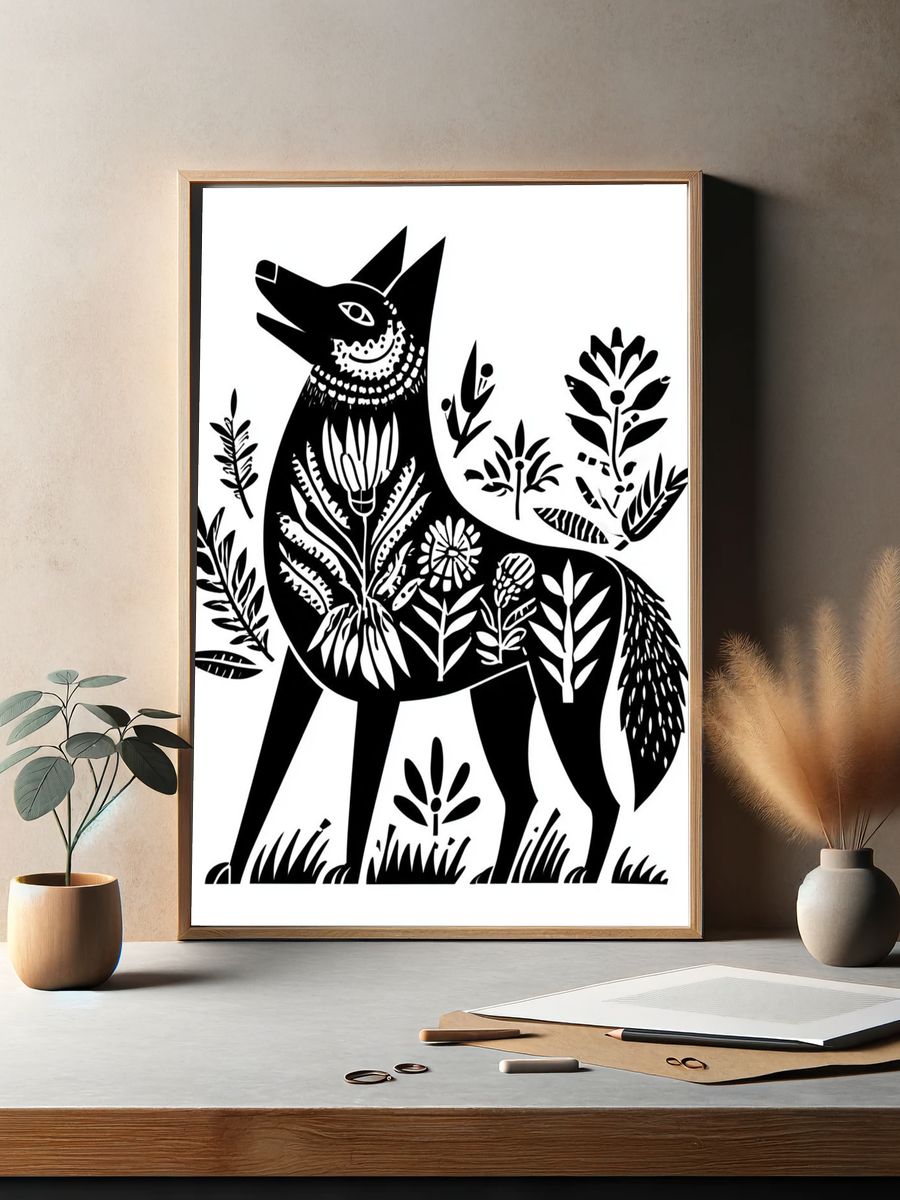 Botanical Wolf Line-Art Poster. — room view 2