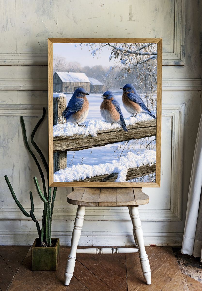 Bluebirds in Winter Landscape Poster. room preview