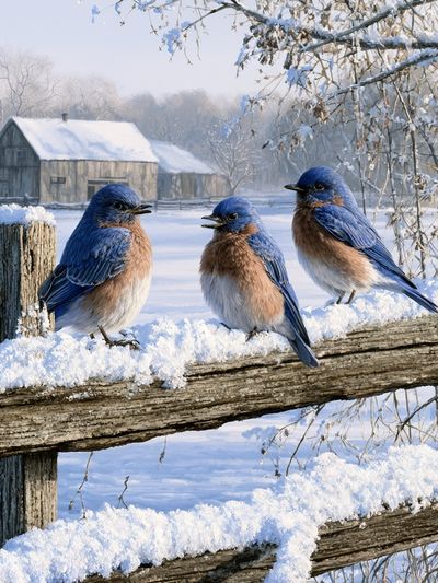 Bluebirds in Winter Landscape Poster.