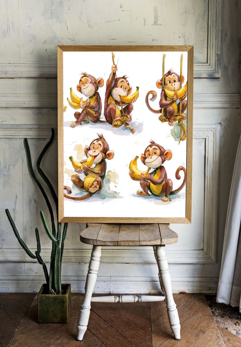 Banana Monkeys Watercolor Poster. room preview