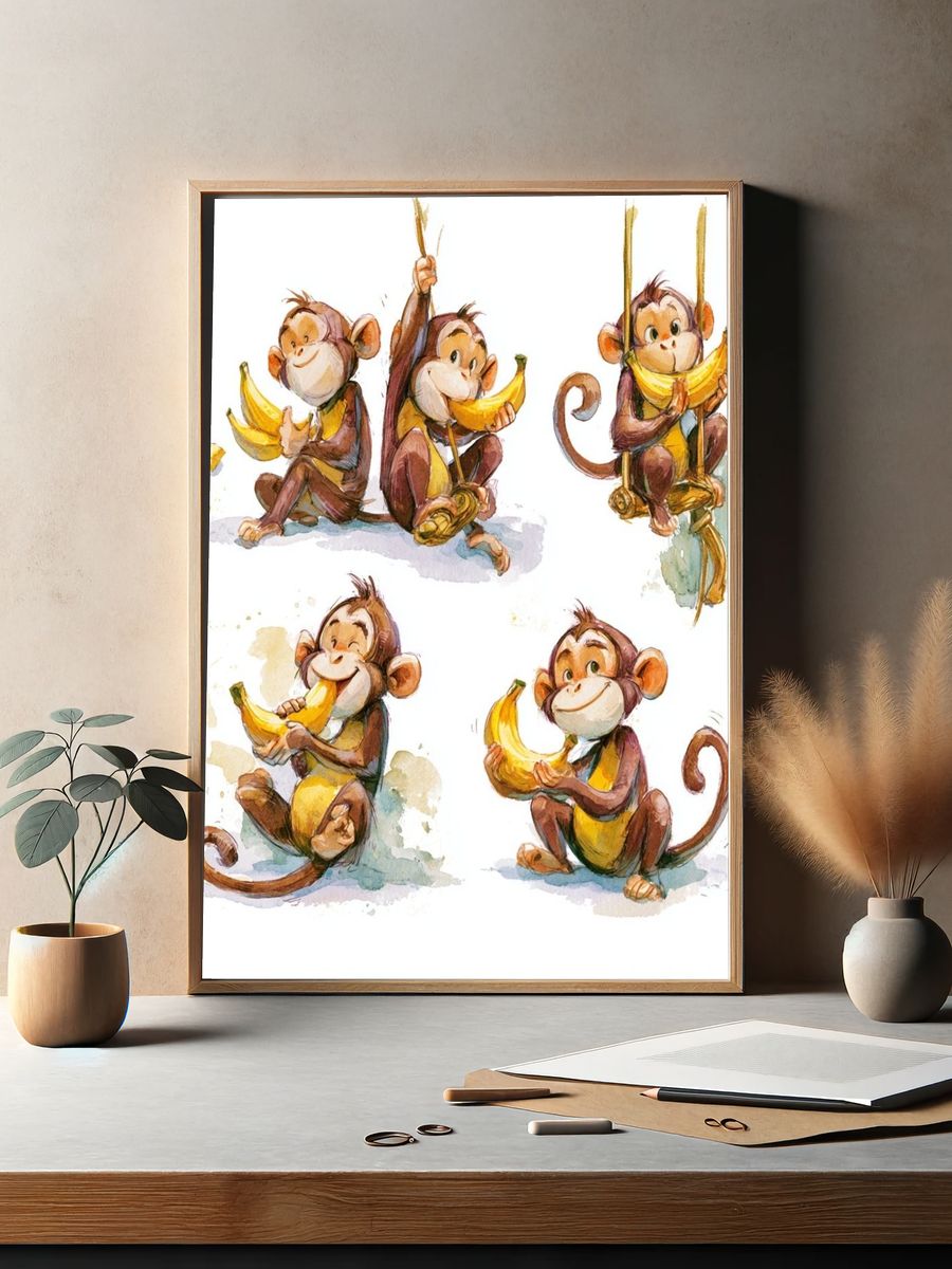 Banana Monkeys Watercolor Poster. — room view 2
