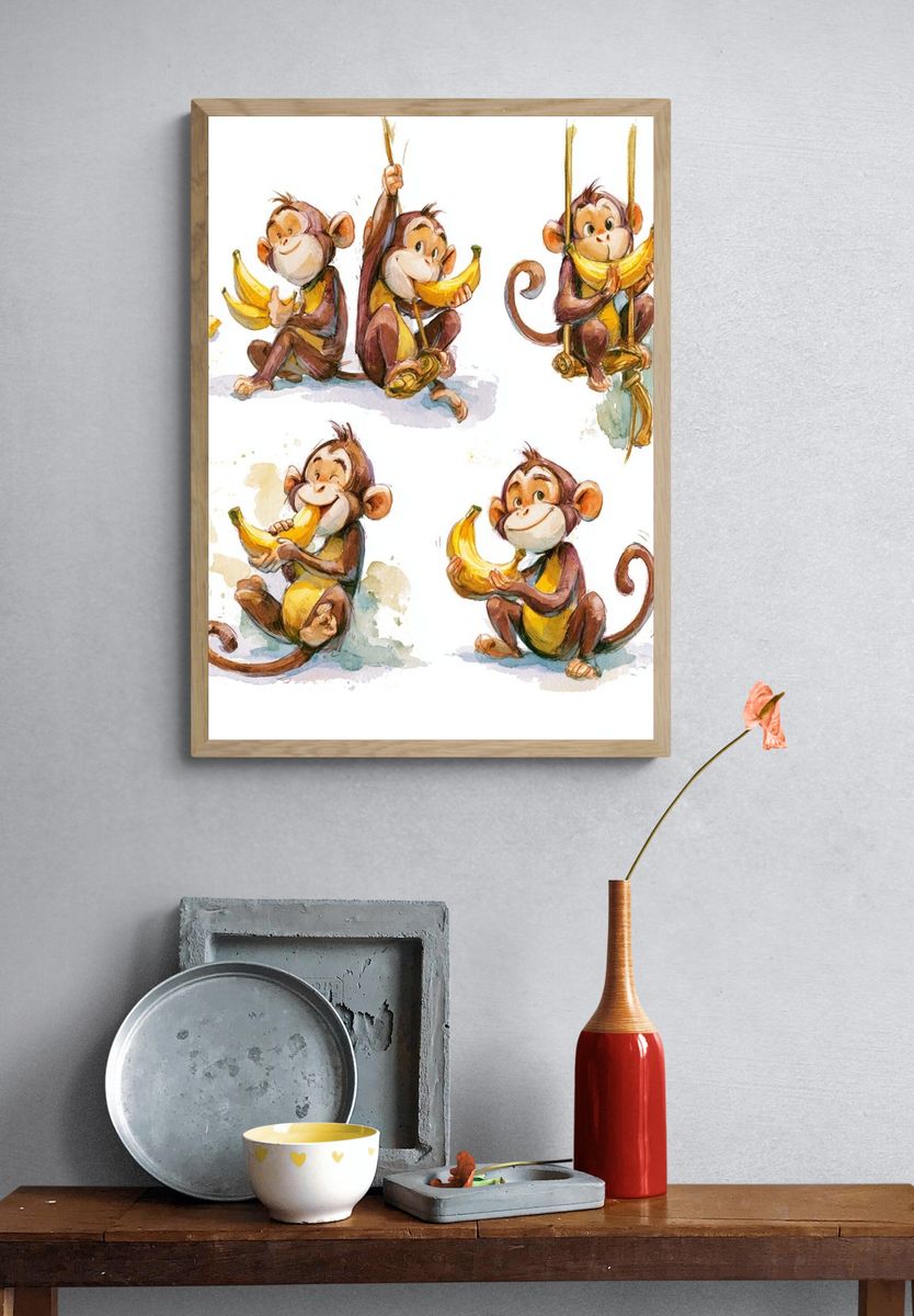 Banana Monkeys Watercolor Poster. — room view 3