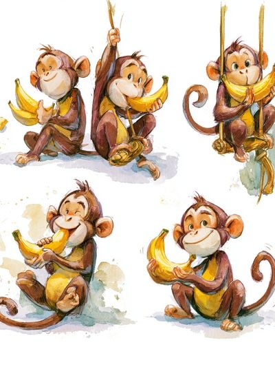 Banana Monkeys Watercolor Poster.