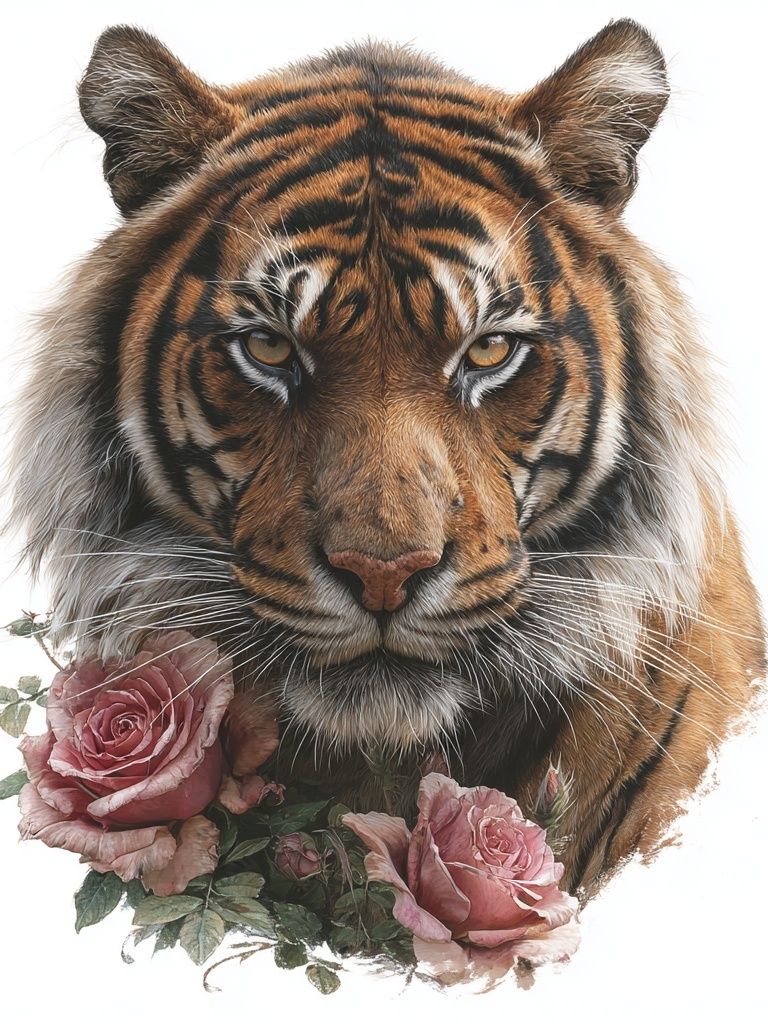 Tiger with Roses Illustration Print. poster — animals art
