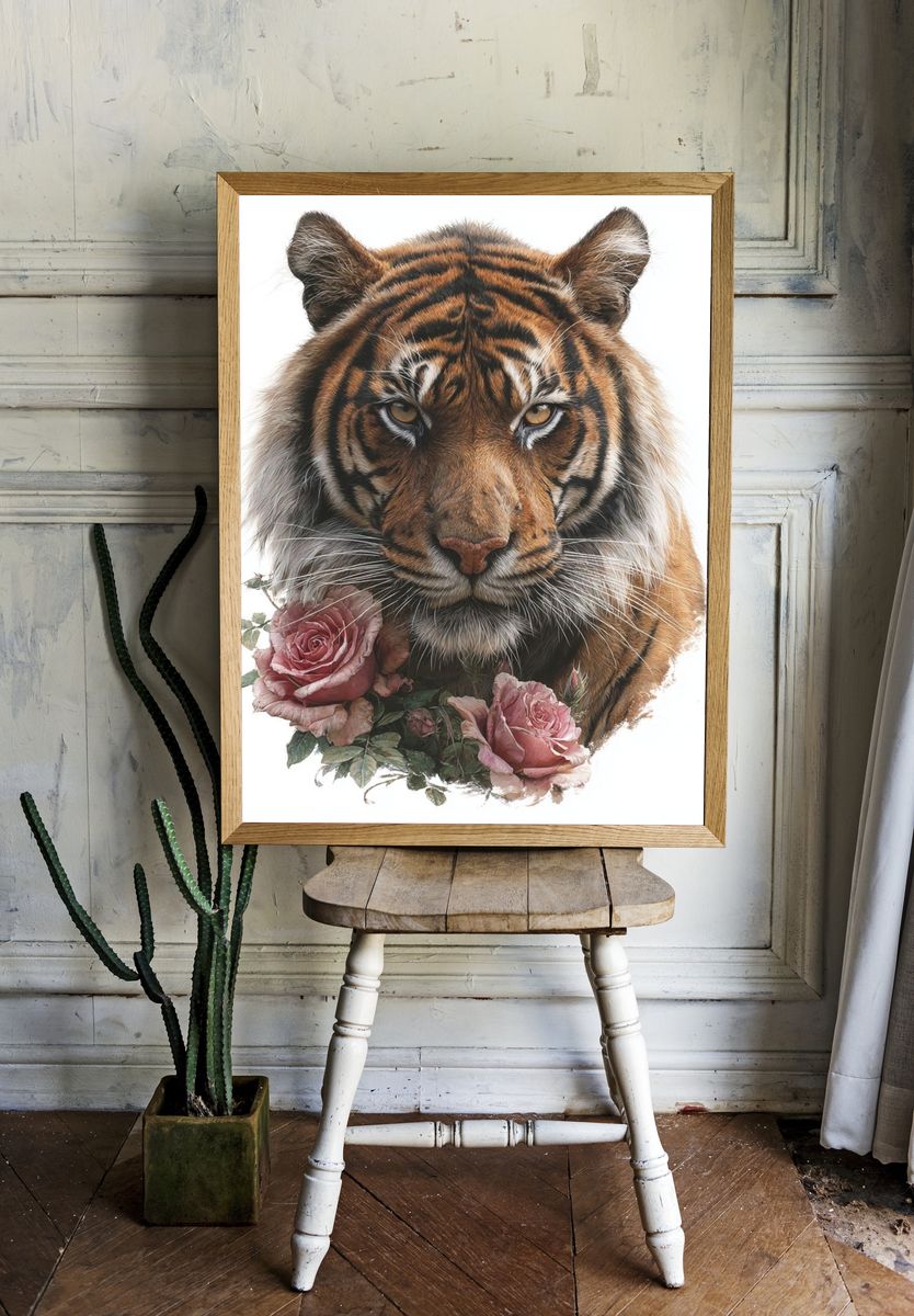 Tiger with Roses Illustration Print. room preview