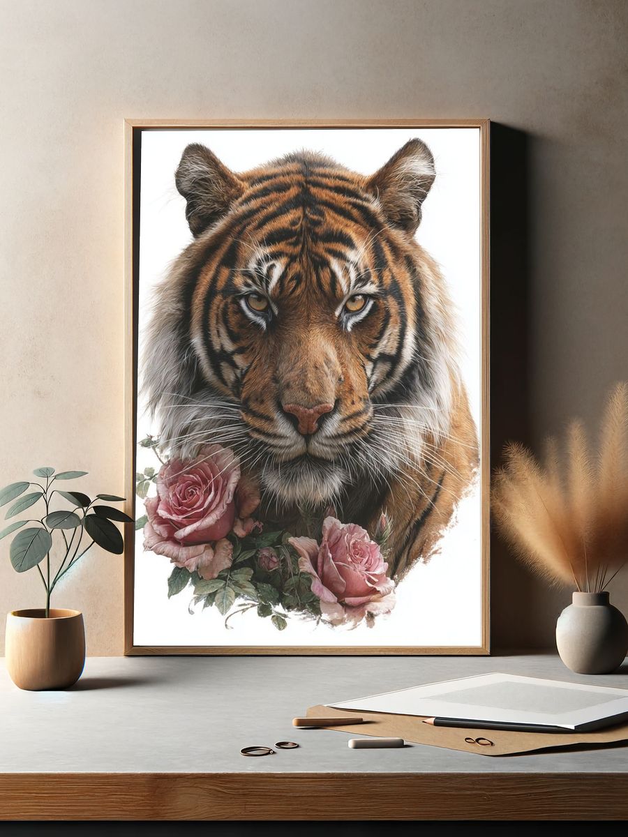 Tiger with Roses Illustration Print. — room view 2