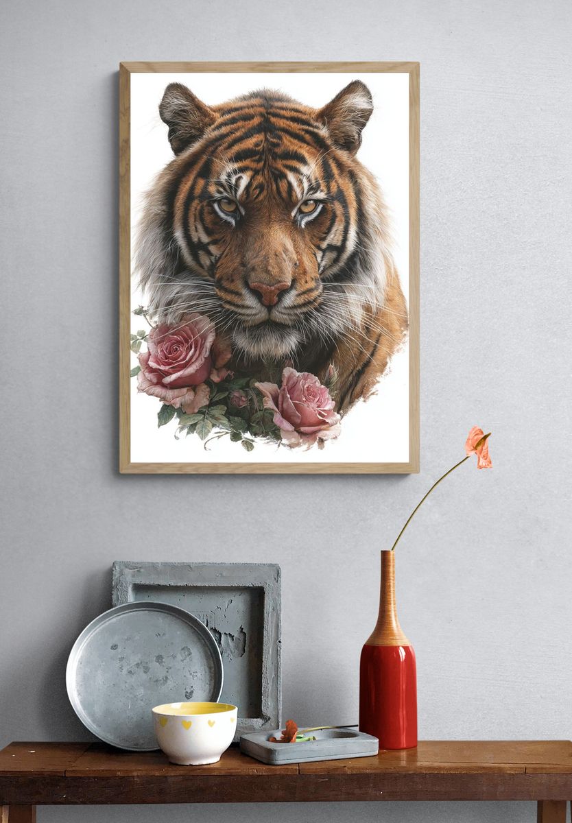 Tiger with Roses Illustration Print. — room view 3