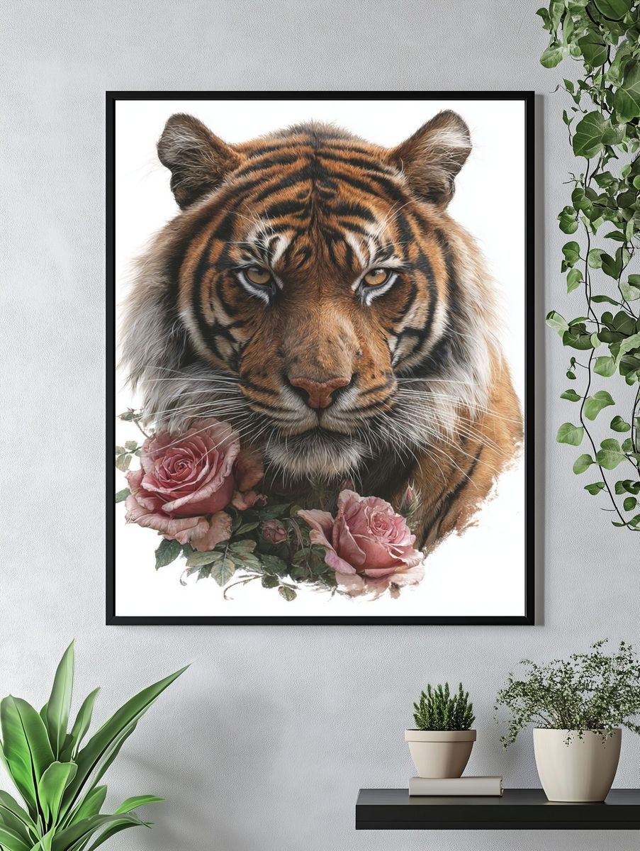 Tiger with Roses Illustration Print. — room view 4
