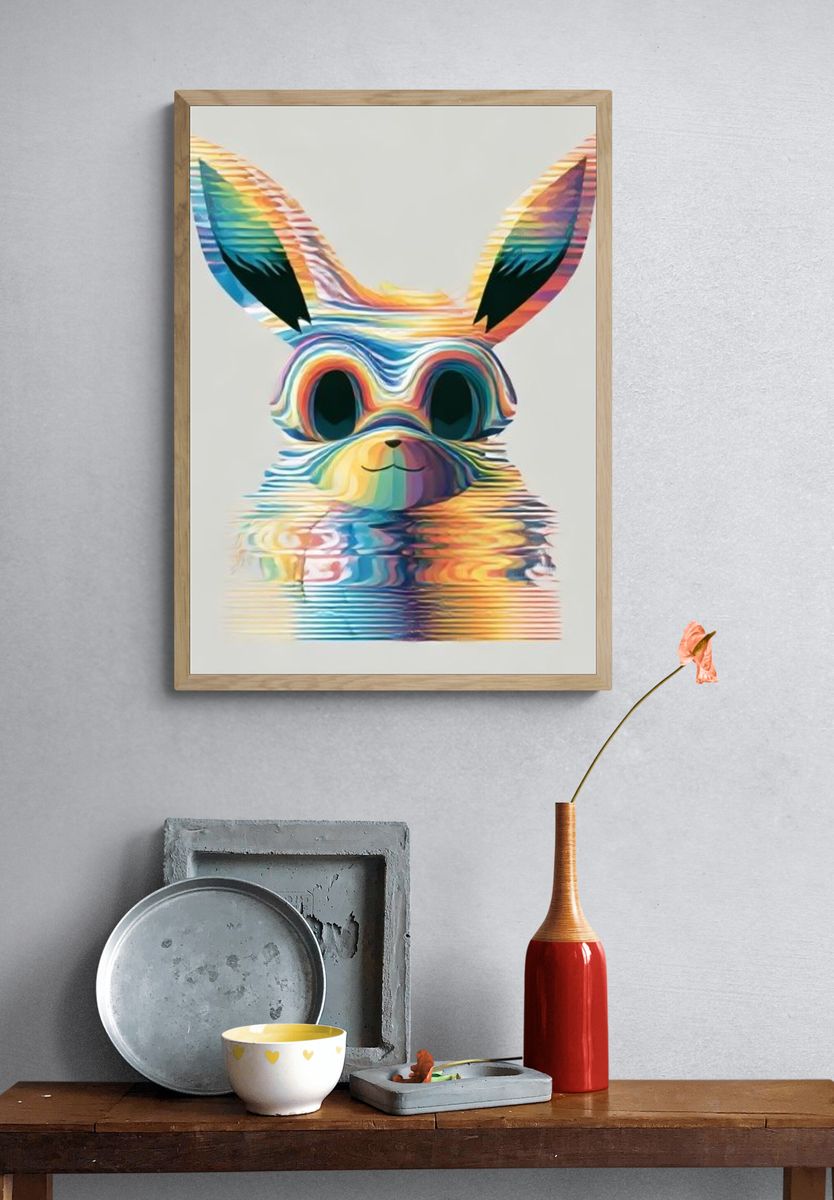 Rainbow Bunny Digital Art Poster. — room view 3