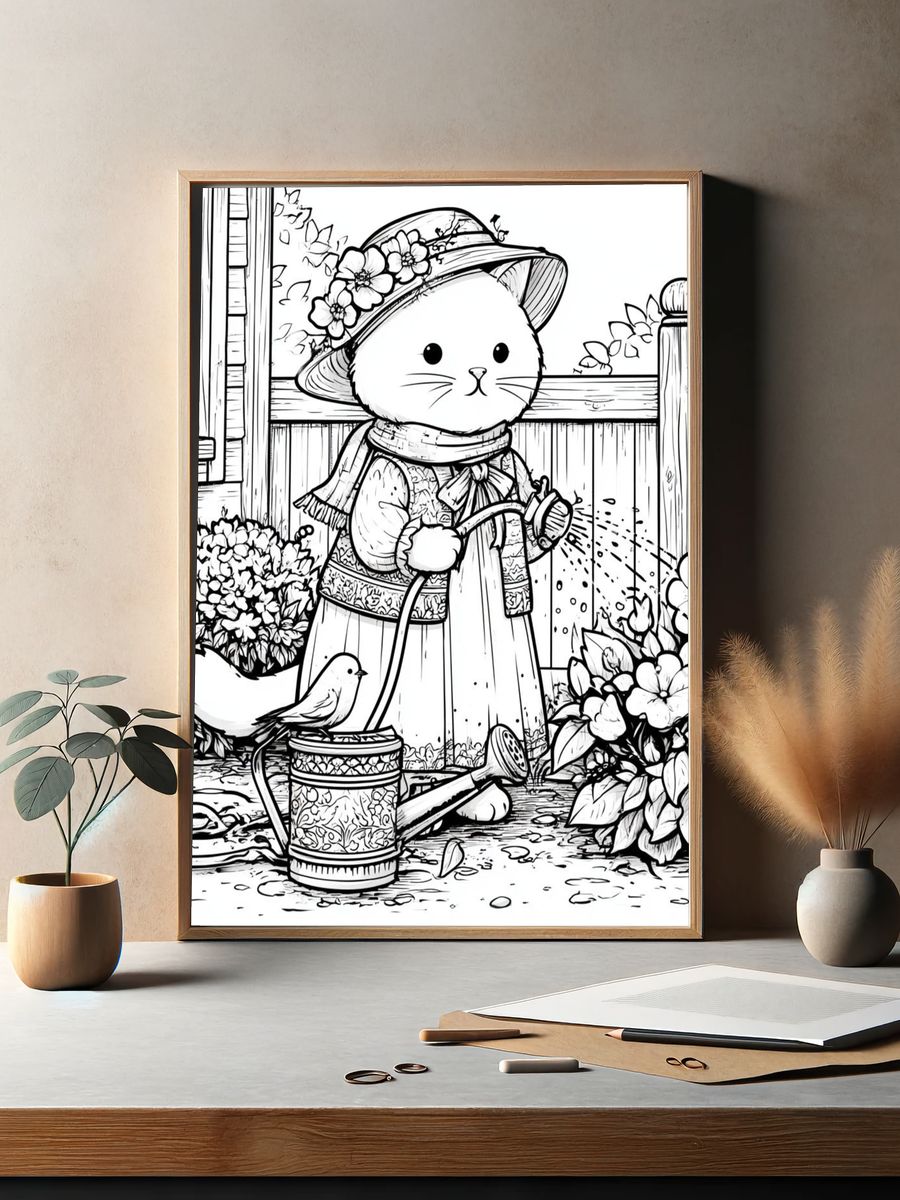 Garden Cat Watering Can Poster. — room view 2