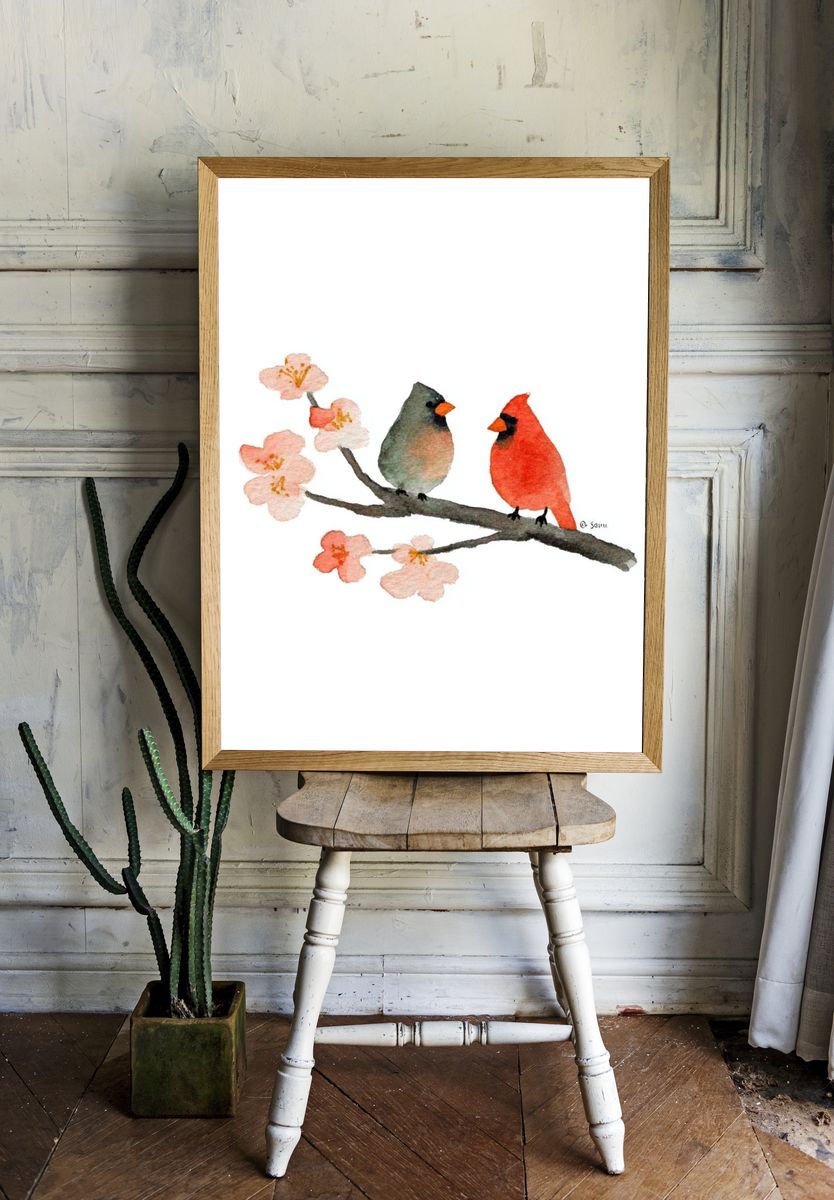 Cardinals on Cherry Blossom Branch Print. — room view 1