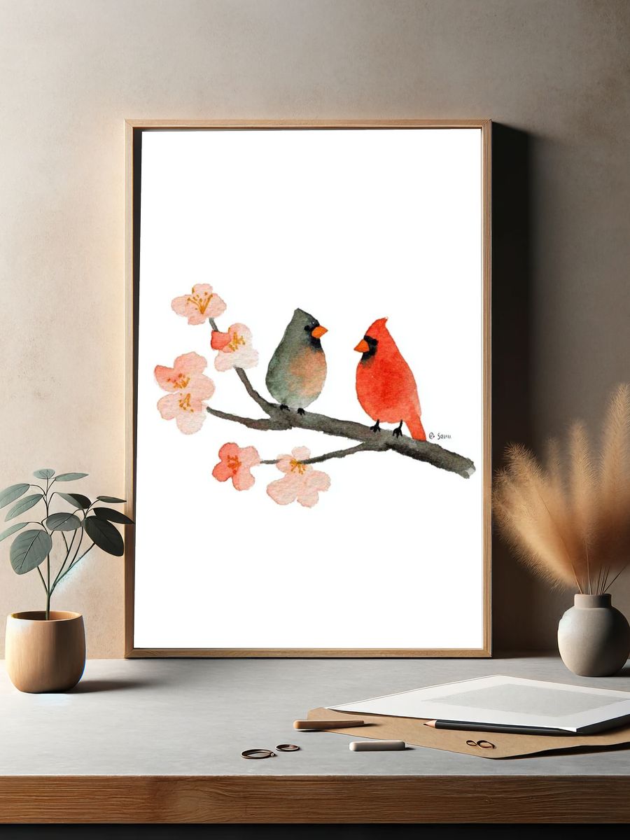 Cardinals on Cherry Blossom Branch Print. — room view 2
