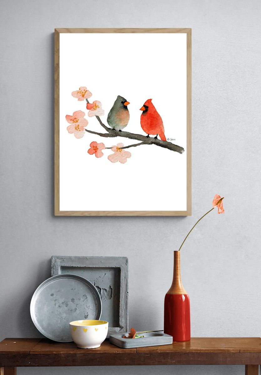 Cardinals on Cherry Blossom Branch Print. — room view 3