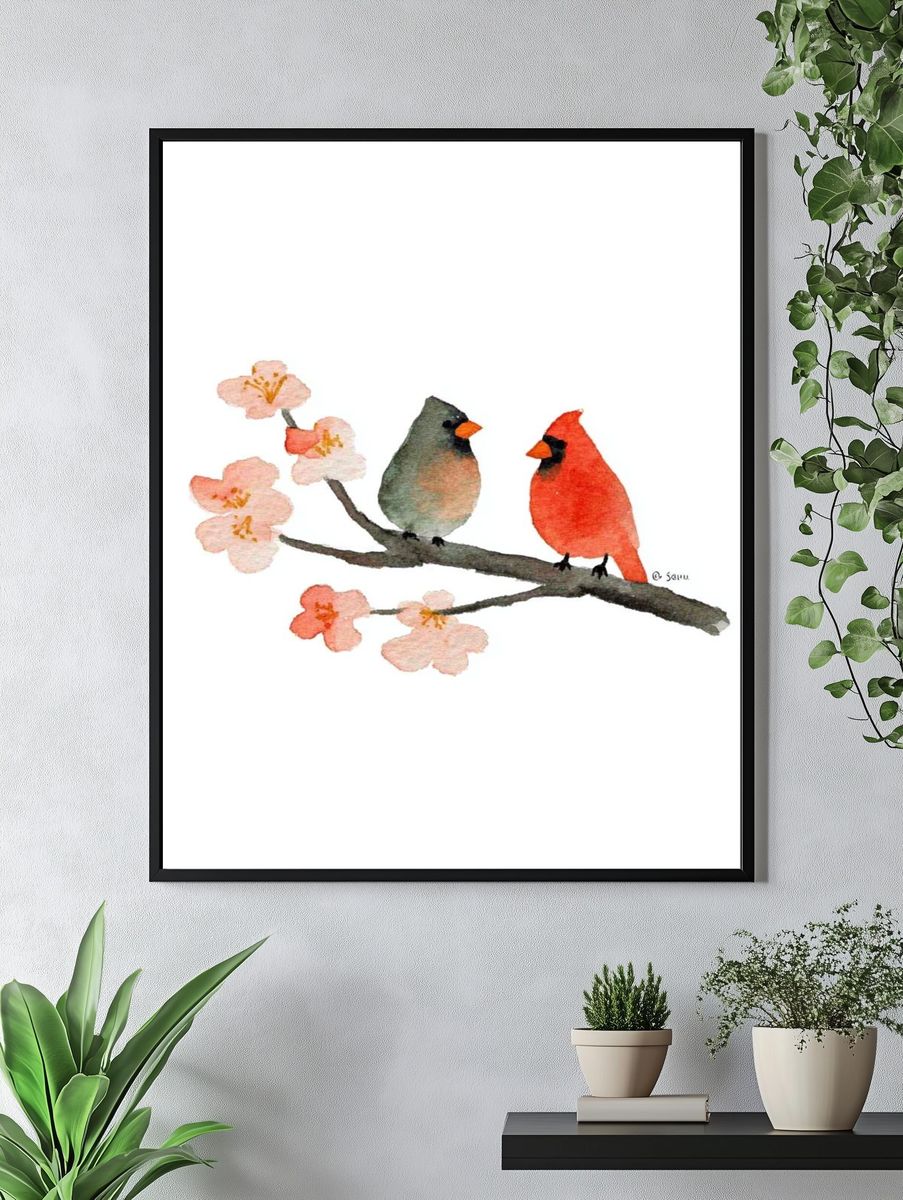 Cardinals on Cherry Blossom Branch Print. — room view 4