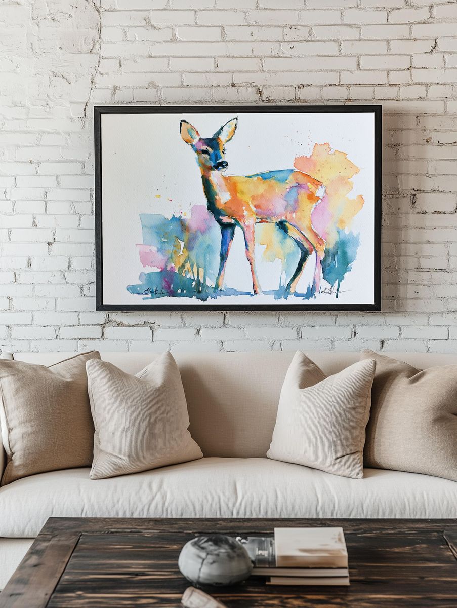 Colorful Deer Watercolor Poster. room preview