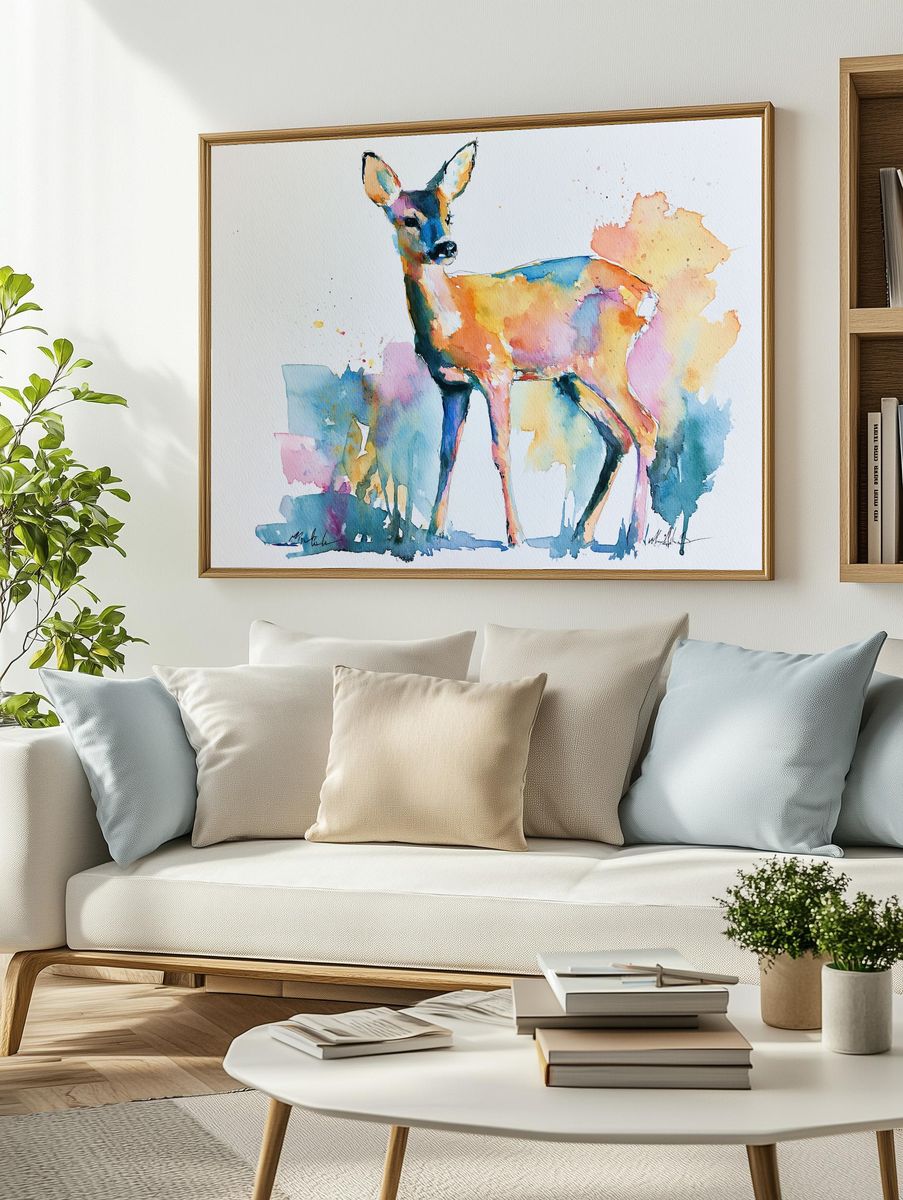 Colorful Deer Watercolor Poster. — room view 2