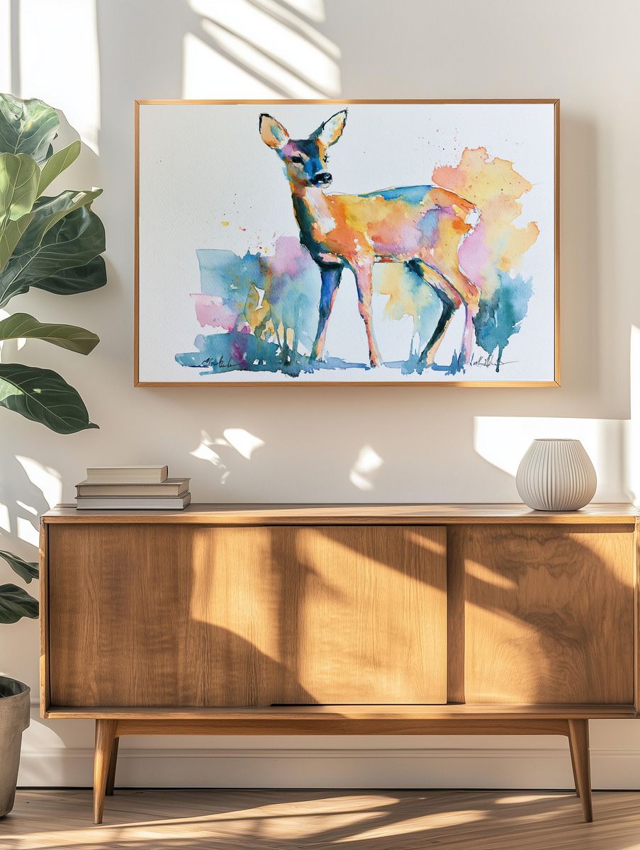 Colorful Deer Watercolor Poster. — room view 3