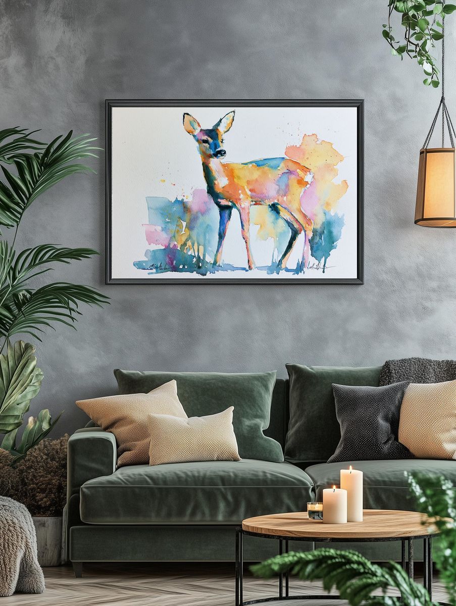 Colorful Deer Watercolor Poster. — room view 4