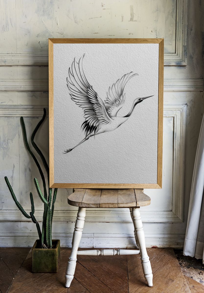 Crane in Flight Ink Poster. — room view 1